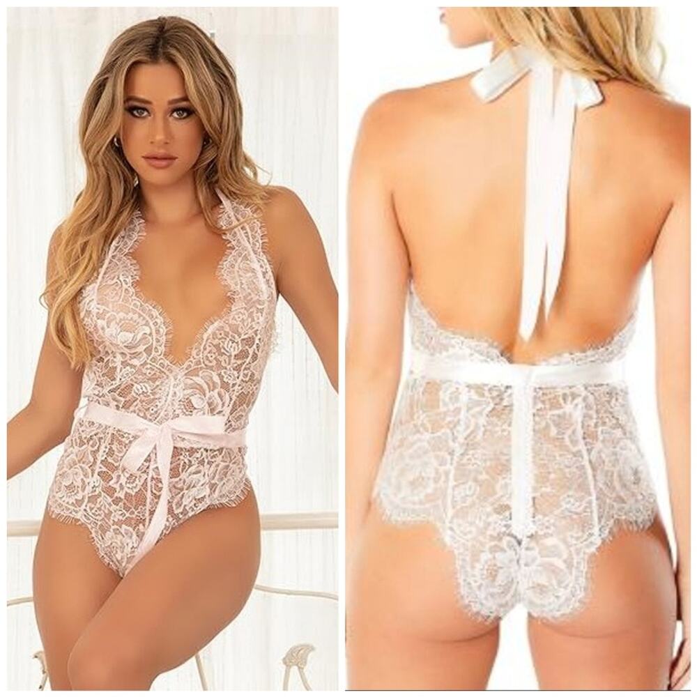 La La Cheri Naomi Bodysuit L White Eyelash Lace Halter Lingerie NWOT